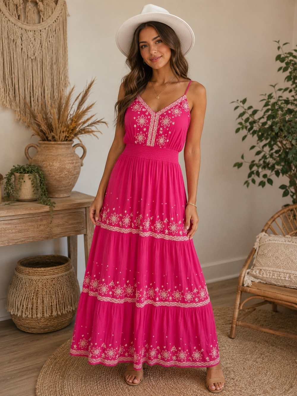 Savanna Jane Hot Pink Embroidered Spaghetti Strap Maxi Dress